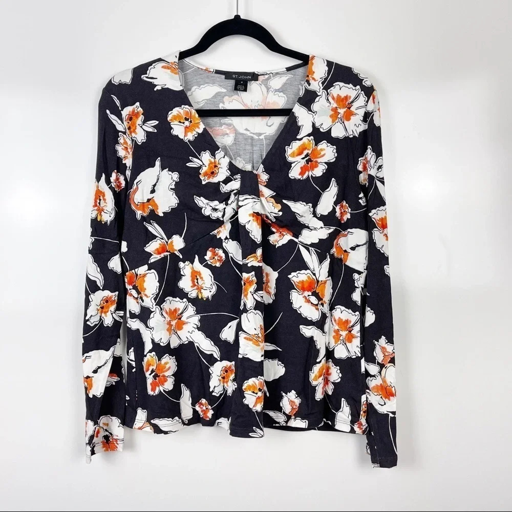 St. John Long Sleeve Blouse Blue Floral V-Neck Casual Top Size Medium